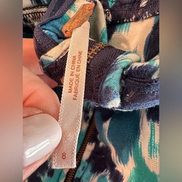 FREE PEOPLE Sz 8 Blue Teal White Splatter Ikat Brushstroke Watercolor Mini Dress - Picture 8 of 10